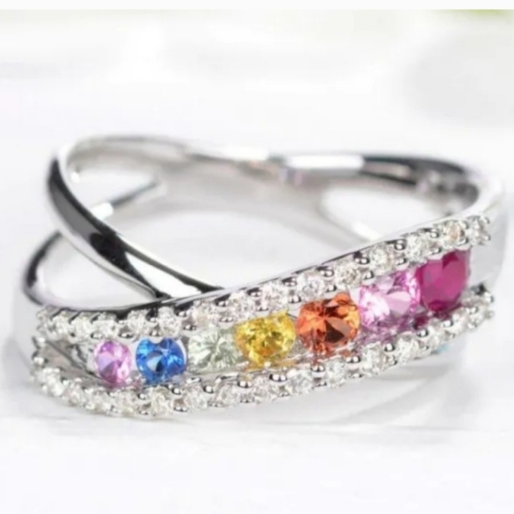 Gorgeous Multicolor Gemstone Silvery Ring Sz 7